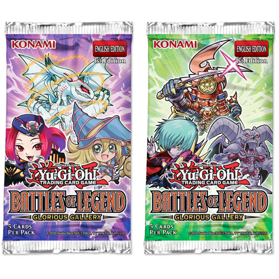 Yu-Gi-Oh! Battles of Legend Glorious Gallery sealed booster packs, two pack-art variants shown side by side