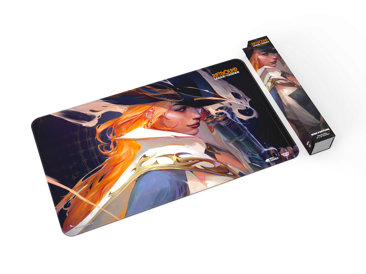 Riftbound: League of Legends TCG Miss Fortune playmat, 24 x 14 inch bound edge, shown with retail packaging