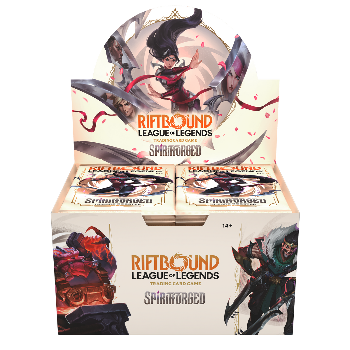 Riftbound: League of Legends TCG Spiritforged booster display box (24 packs), open lid, studio shot