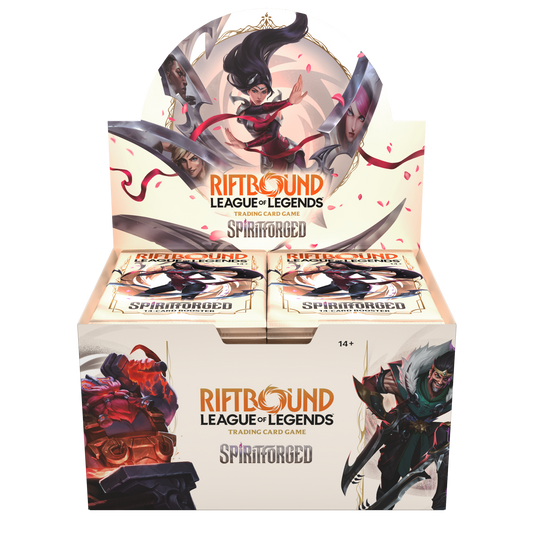 Riftbound: League of Legends TCG Spiritforged booster display box (24 packs), open lid, studio shot