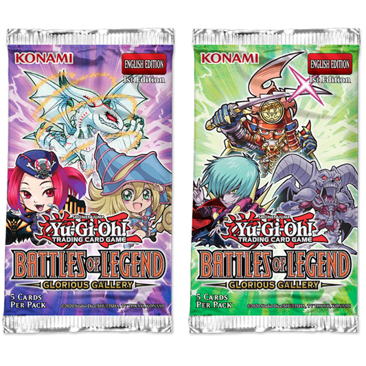 Yu-Gi-Oh! Battles of Legend Glorious Gallery sealed booster packs, two pack-art variants shown side by side