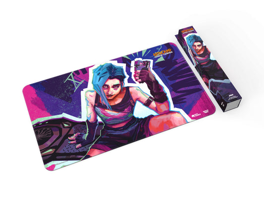 Riftbound: League of Legends TCG Jinx playmat, 24 x 14 inch bound edge, shown with retail packaging