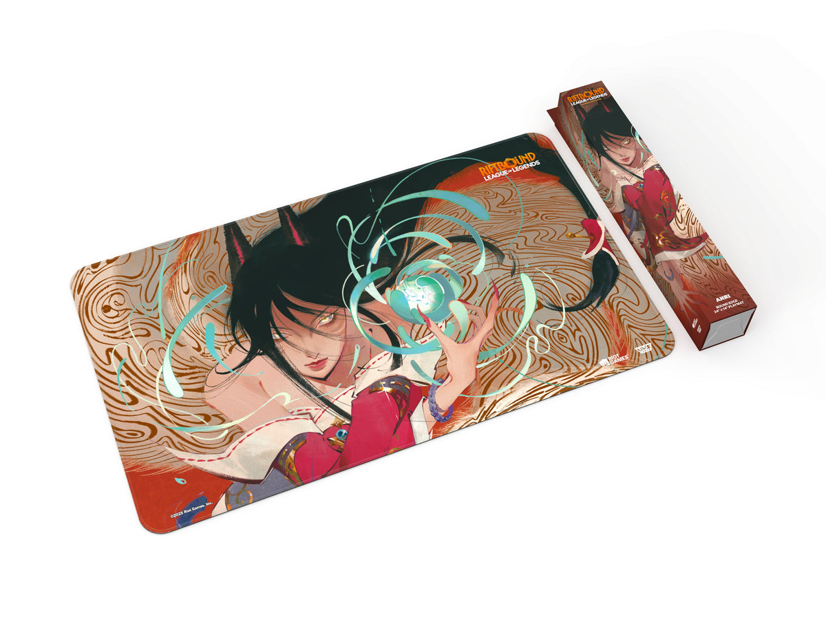Riftbound: League of Legends TCG Ahri playmat, 24 x 14 inch bound edge, shown with retail packaging
