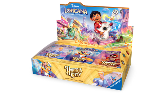 Disney Lorcana Hyperia City booster display box, open with three packs standing in front