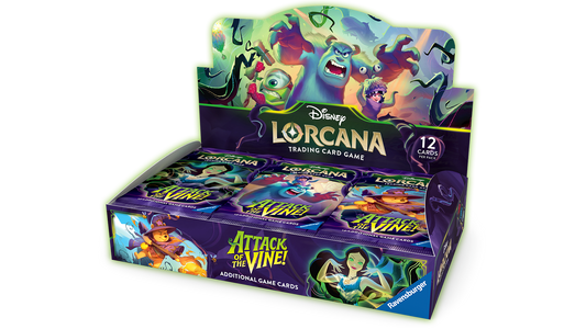 Disney Lorcana Attack of the Vine! booster display box, open with three packs standing in front