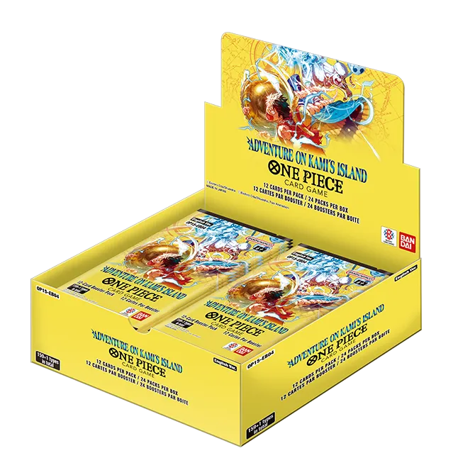 One Piece Card Game OP-15 Adventure on KAMI's Island booster display box (24 packs), angled studio shot