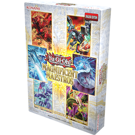 Yu-Gi-Oh! Magnificent Maestros sealed box, angled studio shot