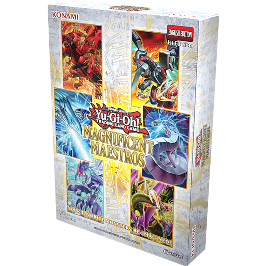 Yu-Gi-Oh! Magnificent Maestros sealed box, angled studio shot