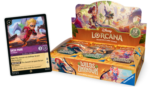 Disney Lorcana Wilds Unknown booster display box, open with three packs standing in front
